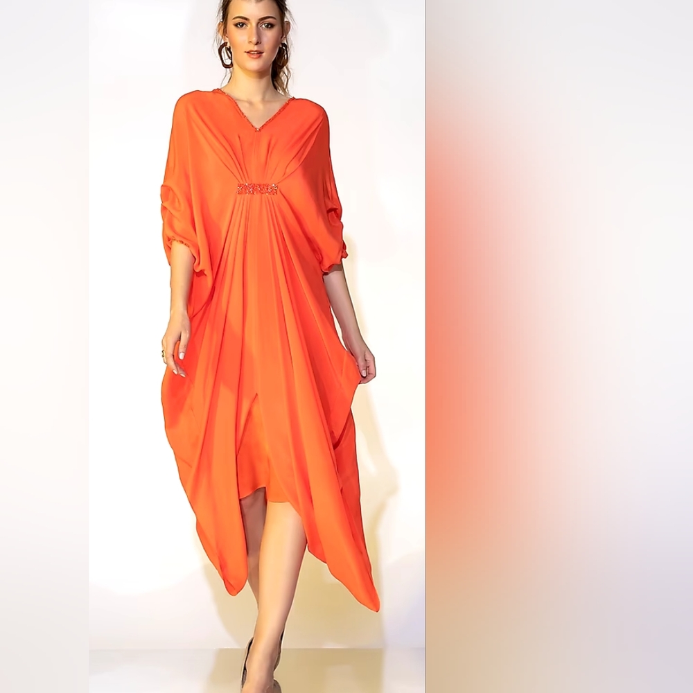 Zara Coral orange pleated kaftan. - Picture 1 of 3